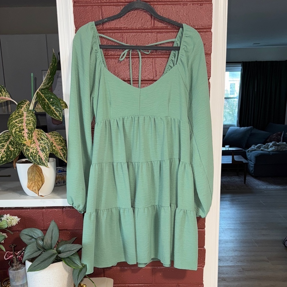 Altar'd State Seafoam Green Tiered Long Sleeve Mini Dress Large